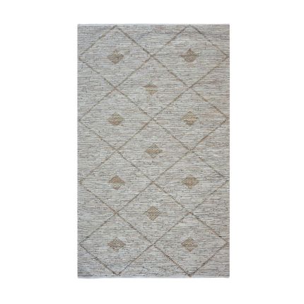 A woven carpet with geometric design crafted from recycled leather
