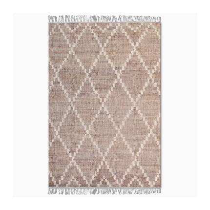 woven rug crafted from recycled bottles and made into lovely geometric design with fringed edges