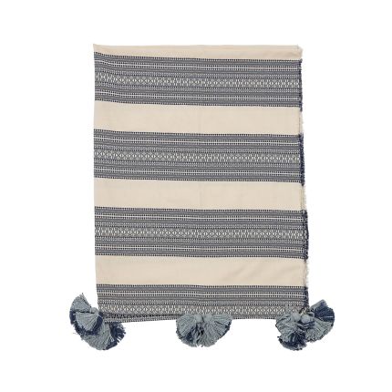 A luxurious grey and cream striped cushion with pompoms