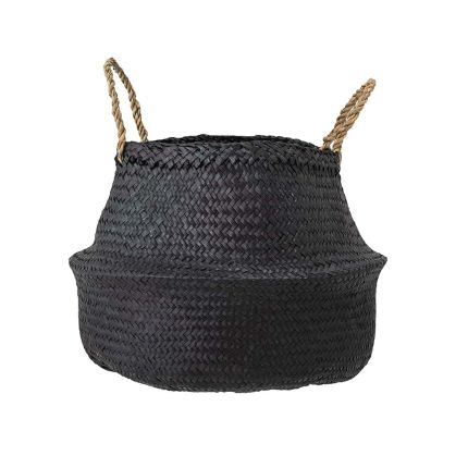A simple and stylish black woven basket with natural handles