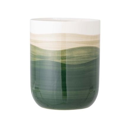 A gorgeous, hand-painted flowerpot with a green brush stroke design