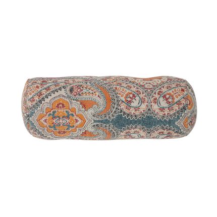 A boho chic cushion with a gorgeous pattern featuring warm orange tones and gentle blue hues 