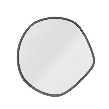 A stylish wall mirror with an abstract shape and black iron frame
