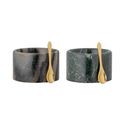 Marble salt and pepper jars with brass spoon
