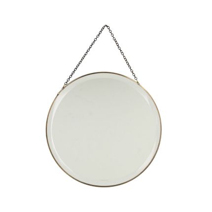circle mirror with brass rim and chain