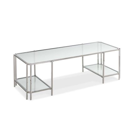 A contemporary clear glass coffee table with lower shelves and a polished nickel finish 