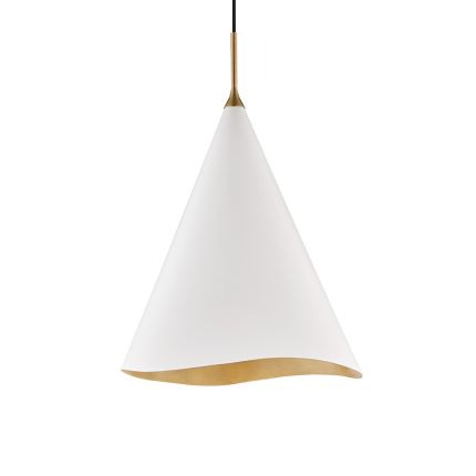 A elegantly curvaceous pendant by Hudson Valley with a white shade and a glamorous gold-leaf finish