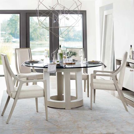 circular two toned dining table with glass top