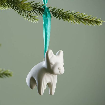 Fun and stylish bulldog design ornament in white with blue ribbon