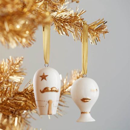 Gorgeous pair of ornaments with gold accents and ribbon