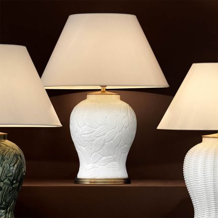 Leaf motif table lamp in white with brass accents