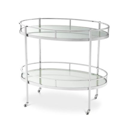Refreshing and sleek drinks trolley in silver finish with two glass shelves