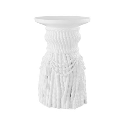 Giant Tassel Stool with ornately sculpted tassels in a polished white acrylic