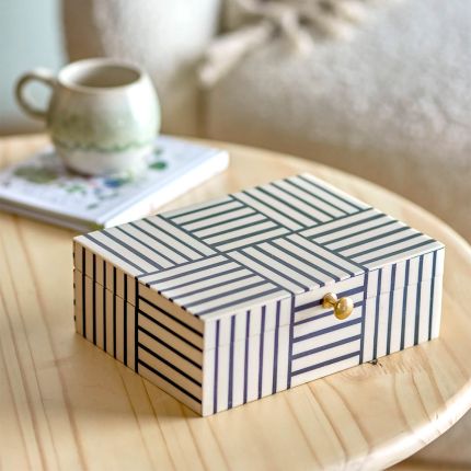 White and black striped trinket box with gold handle
