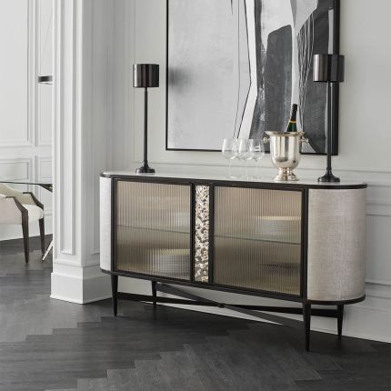 Strikingly modern and elegant sideboard with LED lit interior and ribbed glass doors