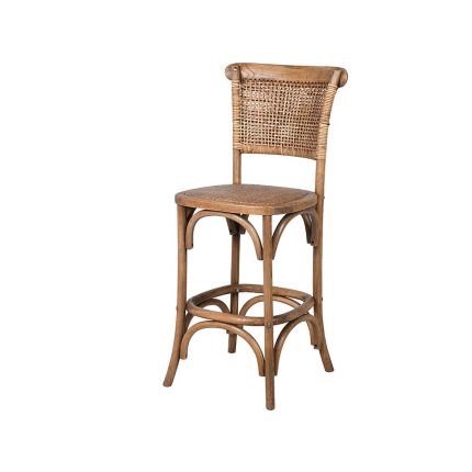 wood and rattan barchair with arching shapes in base