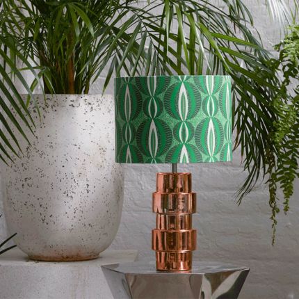 Vibrant green lampshade with gorgeous African-Inspired pattern and copper lined interior