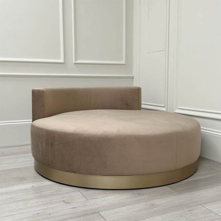 Natural taupe coloured velvet round chaise with brass base