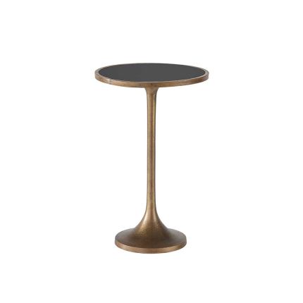Textured brass stem based side table with dark round top