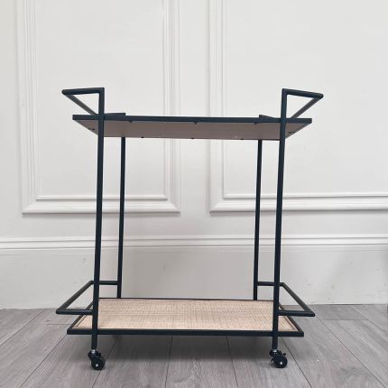 Black industrial style drinks trolley with rattan and glass tops