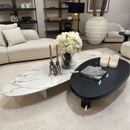 White Faux Marble coffee table in long oval shape
