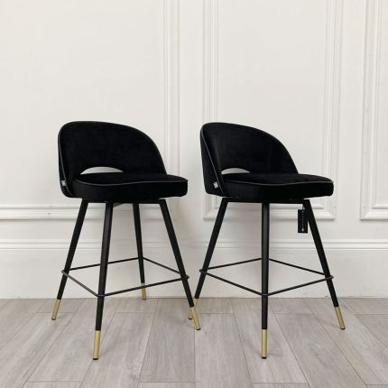 Set of black counter stools with brass capped feet with some scuffs
