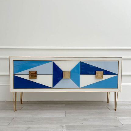 Glamorous geometric design credenza with blue glass shapes