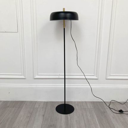 A stylish modern black floor standing lamp with brass-effect accents