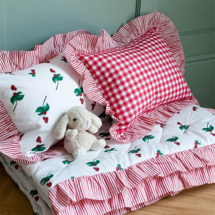 adorable ruffled raspberry patterned quilt and pillow for kids