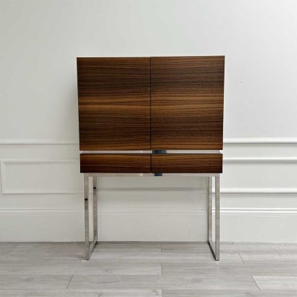 modern bar cabinet with rich wood finish and nickel accents
