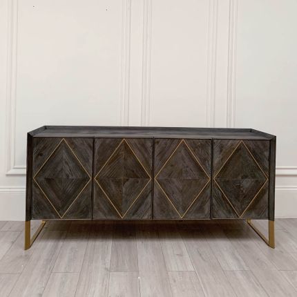 Glamorous and contemporary sideboard with chevron pattern and copper details