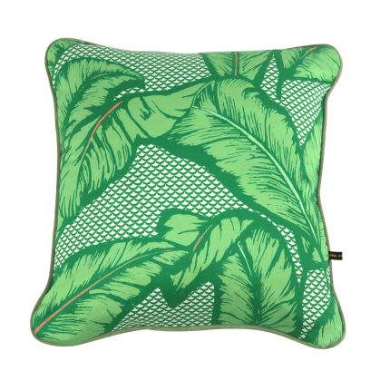 Gorgeously earthy cushion in green finish with leaf illustration