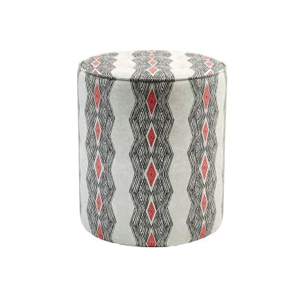 Glamorous patterned pouffe with zig-zag design and dark grey and red accents