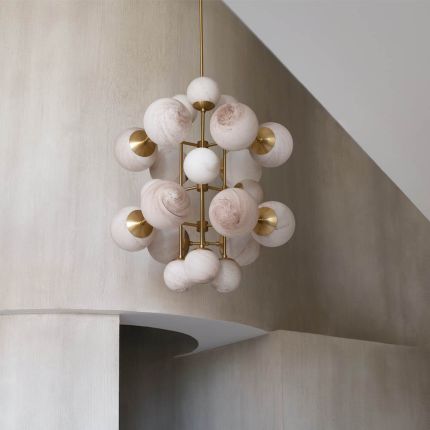 Glamorous cluster style chandelier with marble shades and brass structure