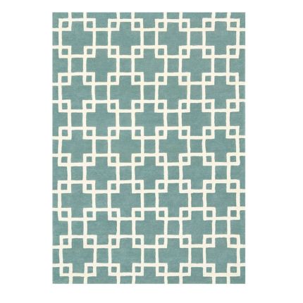 Hand-tufted interlocking square designed patterned wool rug in agate blue