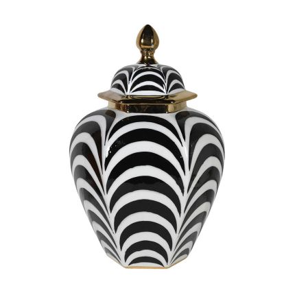 Dazzling statement jar in black and white with gold details. 