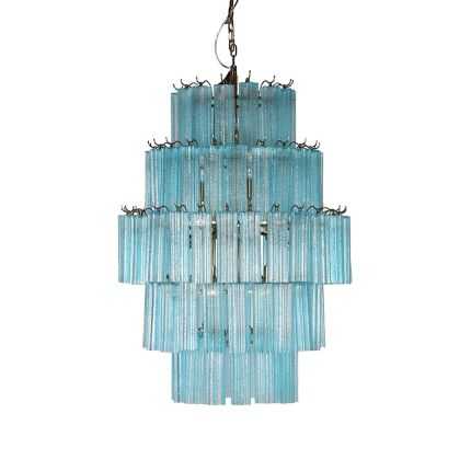 Elegant chandelier made up of layered blue glass tubes