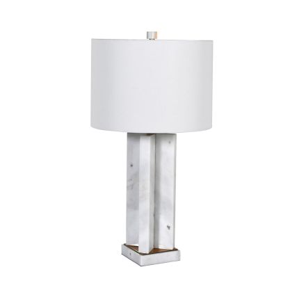 White marble table lamp with brass accent and white linen shade