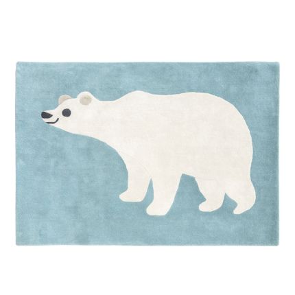 Hand-tufted blue wool rug with white polar bear design