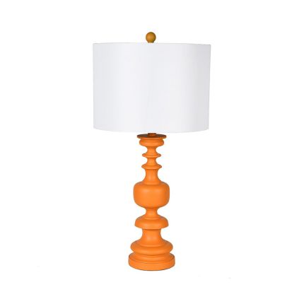 orange table lamp with curved base and white shade
