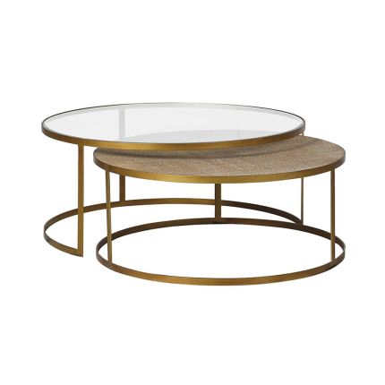 An exotic, elegant set of two rattan and glass coffee tables