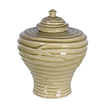 A distinctive, sage green vase with a ripple effect and lid