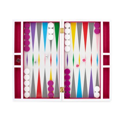 A bold, multicoloured backgammon set by Jonathan Adler with a checked design and glossy finish