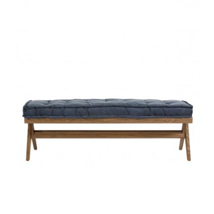 A luxurious blue velvet cushioned bench made from brown ash wood