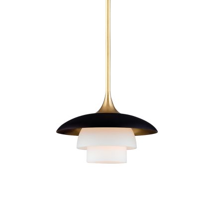 A luxurious black and ager brass pendant with opal acid etched lampshades