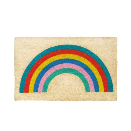 A vibrant multicoloured rainbow door mat made from 100% natural coir