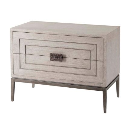 Washed wood finish bedside table with bronze handle and feet details