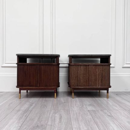 Retro-inspired bedside table with sliding doors and stone top