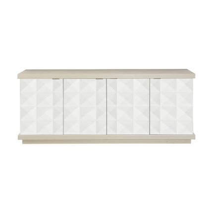 A sophisticated four door geometric patterned buffet with internal shelves and drawers