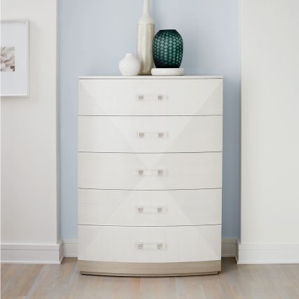 A gorgeous chest from Bernhardt featuring a geometric white and grey finish and five spacious drawers